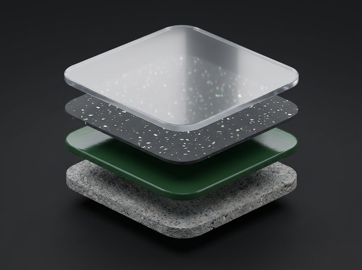 Exploded cross-section of the coating system: concrete slab, green base coat, dark flake broadcast layer, and glossy silver topcoat