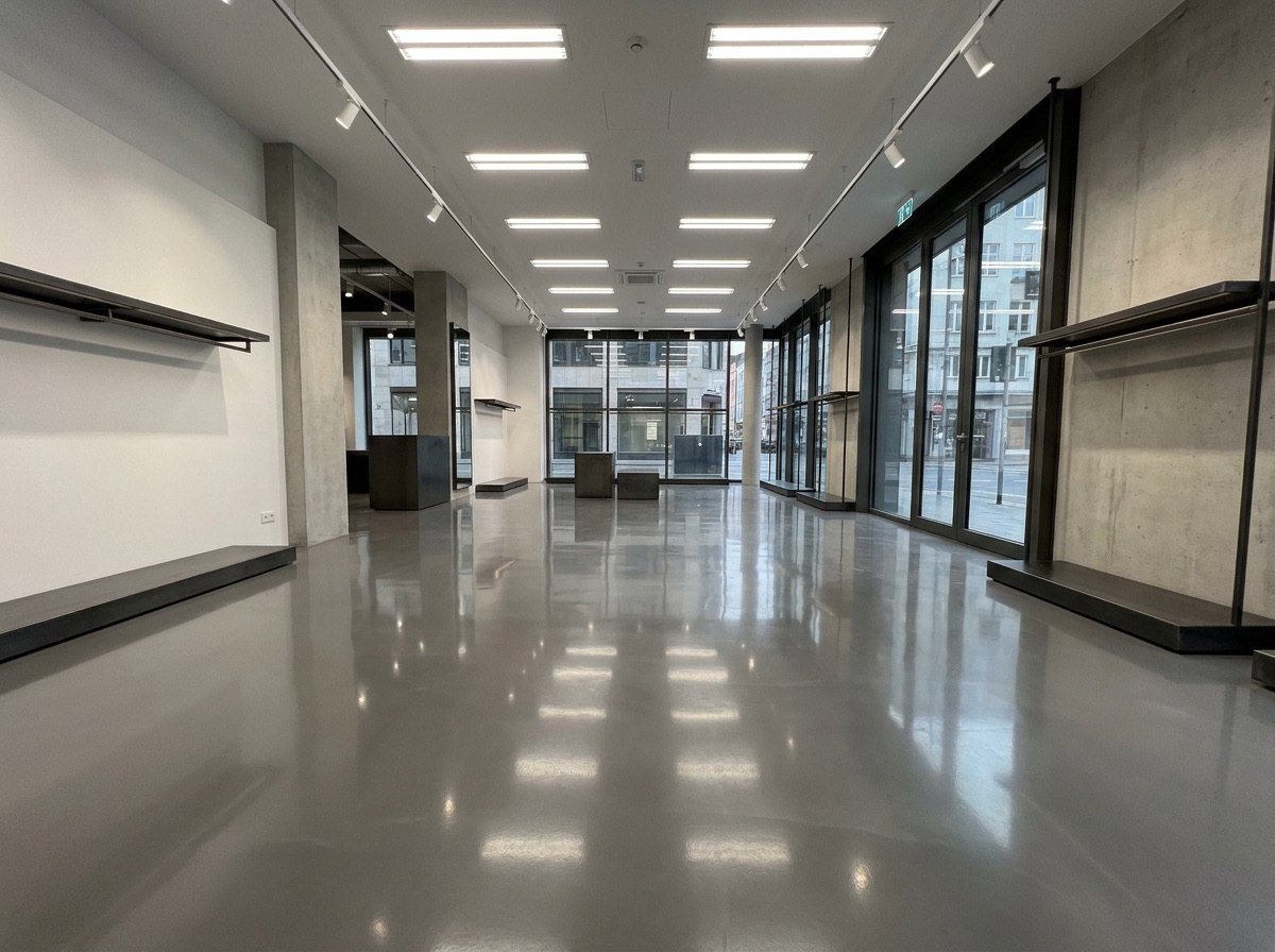 Commercial showroom floor with a glossy grey epoxy coating