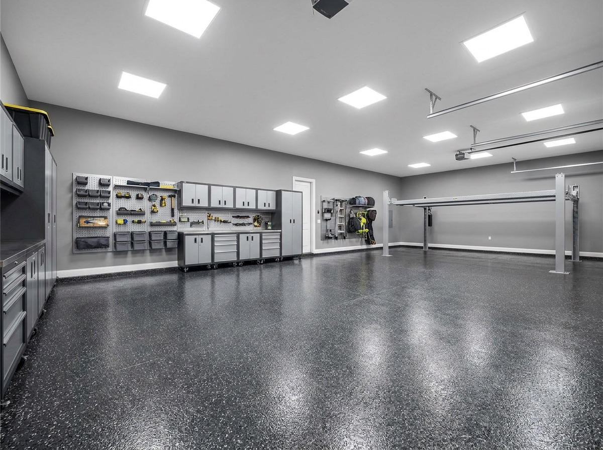 Garage floor finished with a dark charcoal flake epoxy coating