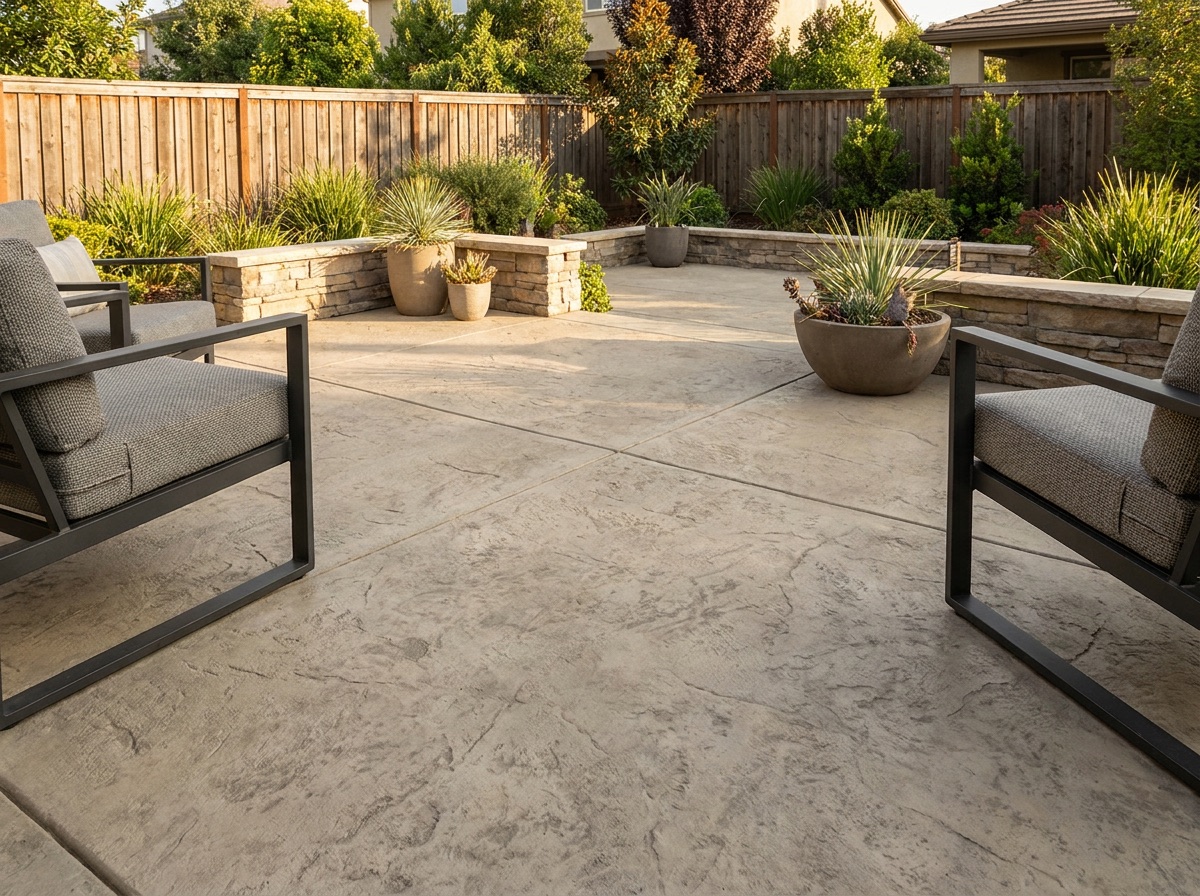 Backyard patio resurfaced with a sand-tone decorative concrete coating